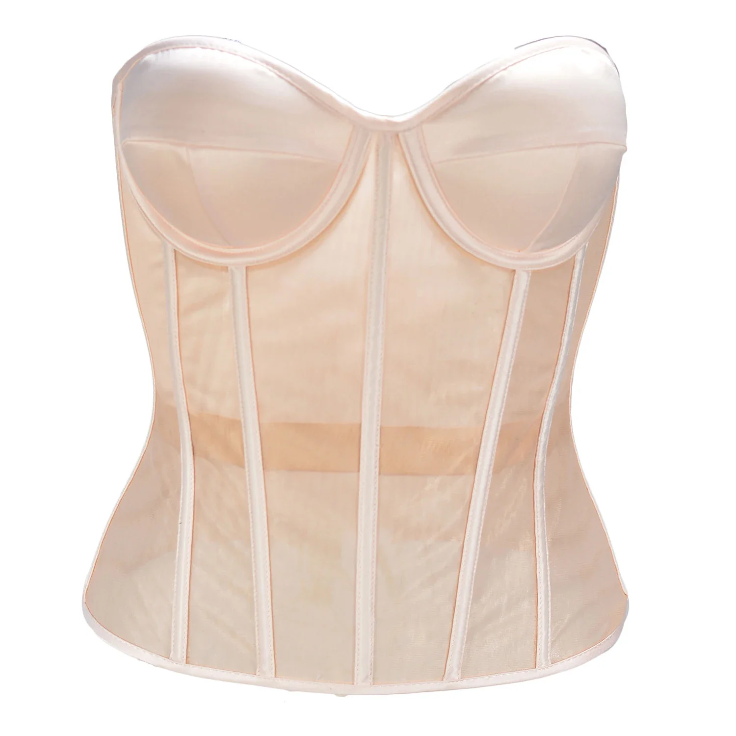 Sheer Mesh Bra - เสื้อรัดทรงตาข่ายระบายอากาศสำหรับแบบโปร่งใสสองชั้นรัดทรงพร้อมบราผูกเชือกรัดทรงกระดูกสีเบจ