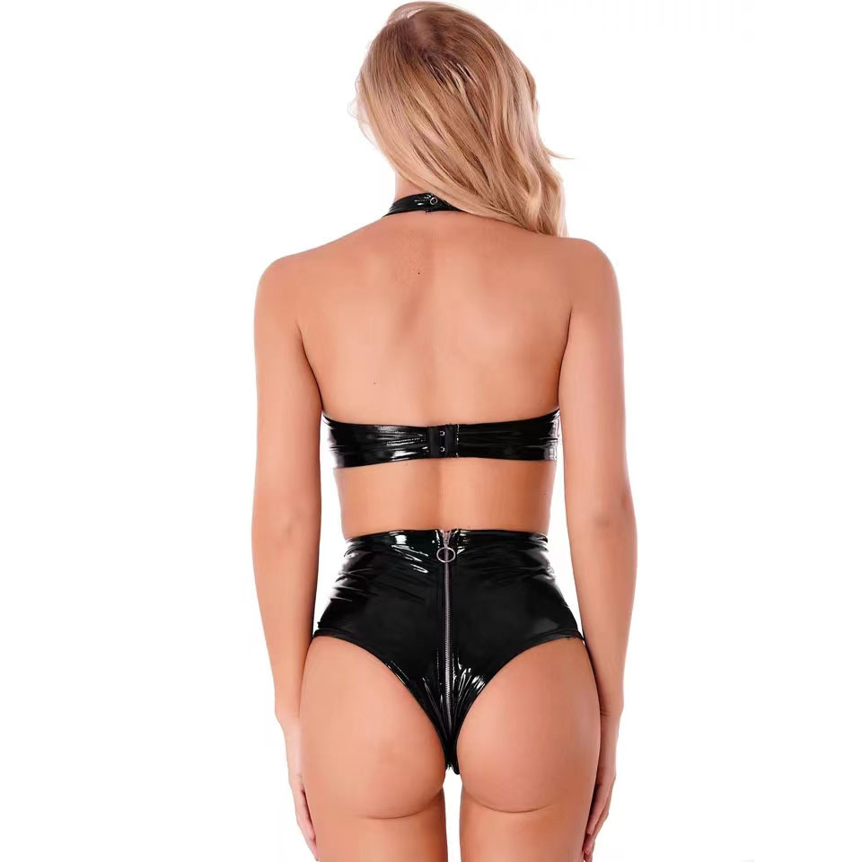 เซ็กซี่สีดําเงา Pu Latex ชุดชั - Plunge Bra Push Up บทวิจารณ์และราคา